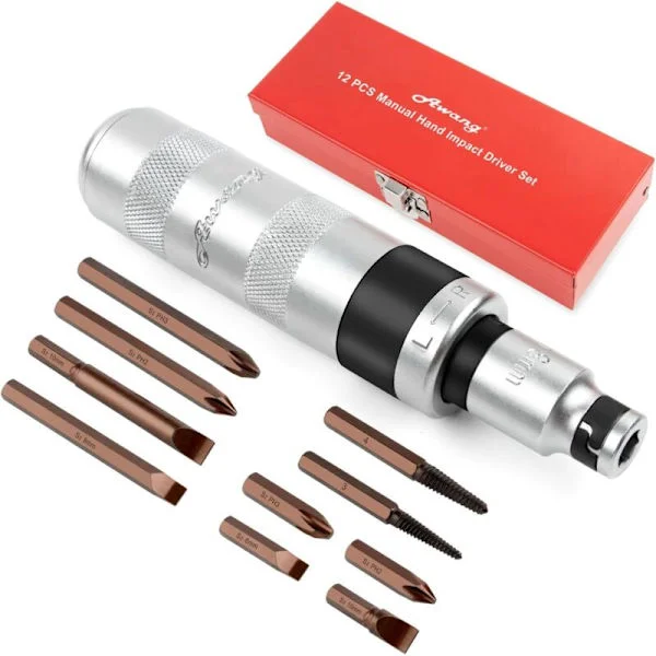 Slagskrutrekkersett – Manuell slagskrutrekker, adapter og bits – 12-dels sett, 1/2 tomme