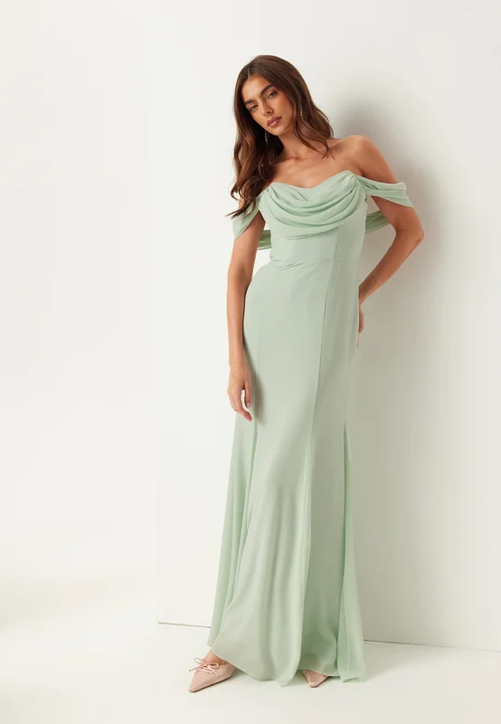 Goddiva-Chiffon Off Shoulder Maxi Dress-Sage Green-XXL (UK18)