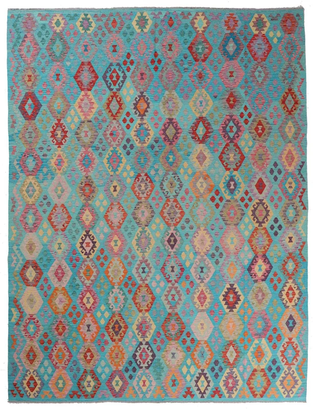 Hand Woven Kilim Afghan Old Style Rug 304X394 Wool Dark Grey/Dark Teal Large
