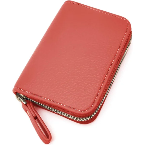 Women's Credit Card Holder, Small RFID Blocking Women's Wallet with Stainless Steel Zipper, Leather Accordion Wallet Pink Case for Women ID Compact