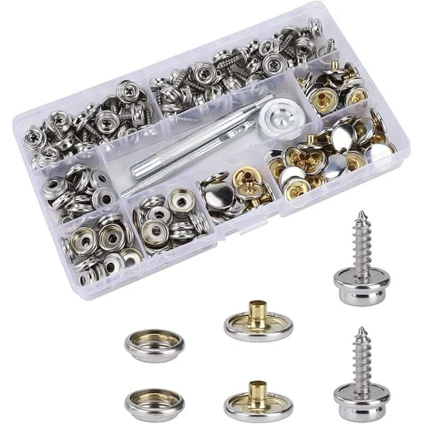 50-pack rostfria tryckknappar av marinkvalitet med 2 monteringsverktyg (15 mm), tryckknappar, presenningstryckknappar, tryckknappar i metall