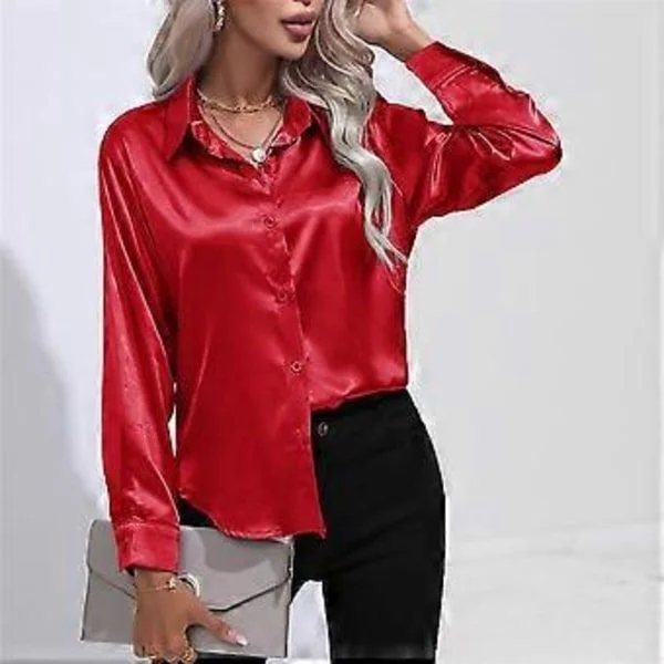 Vår Høst Sateng Bluse Imitert Silke Langermet Skjorte for Dame Plus Size Løse Topper (L rød)