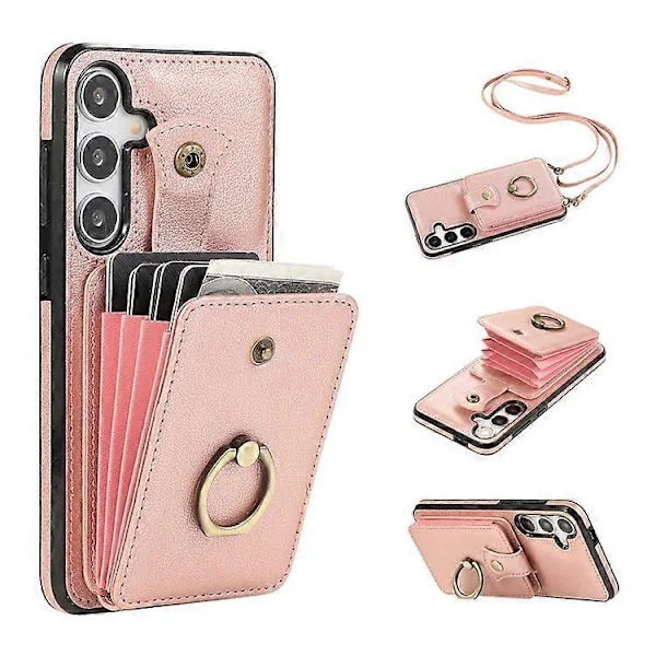 Kompatibel med Samsung Galaxy A36 5G Etui Kortholder Ring Støtteben TPU + PU Læder Telefon Cover med Lang Rem [DB]