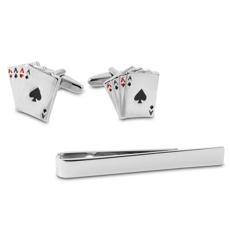 Silver-Tone Poker Tie Bar and Cufflinks Set for Men - Tie clips & cufflinks sets
