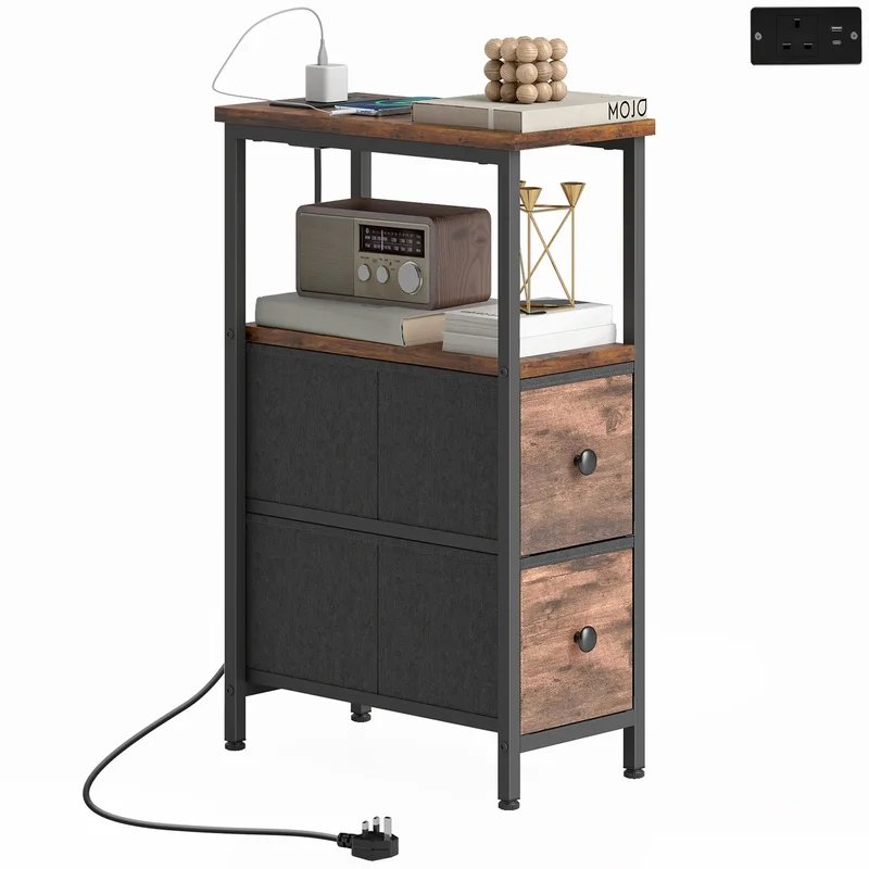 AliExpress - Table basse avec station de recharge, structure en acier, 2 tiroirs en tissu, compartiment ouvert, table basse, bureau, salon