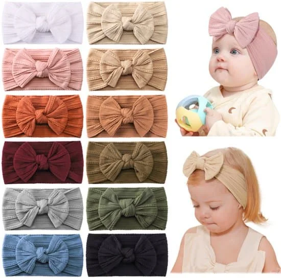 12-pack Baby Hairbands (0-3 years) - Wide, Soft Headband with Bow-FF-