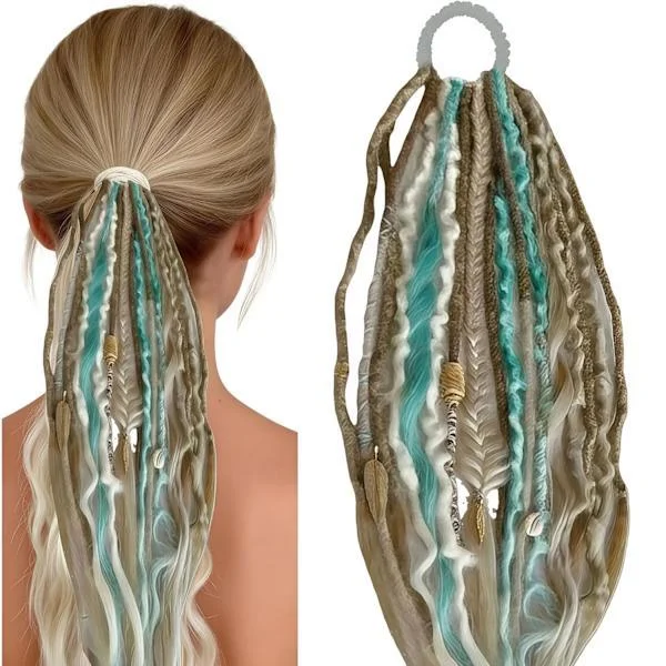 Elastisk Dread Hestehale, med Hårreb, Boho Flettet Hestehale Extension, med Perler, Skaller og Charms, Håndflettet Lang Dreadlock Hestehale Lys grå