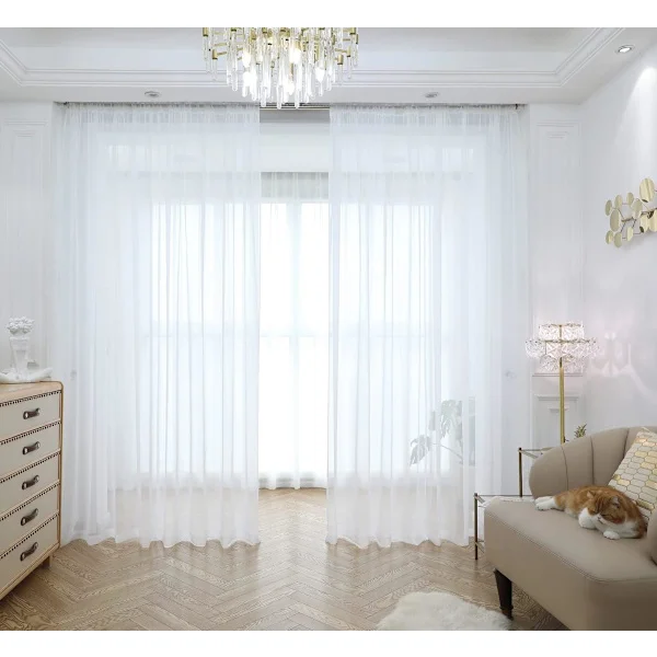 Vita Skira Gardiner 213 cm Långa - 2-pack (52" Breda Varje) - Fönsterdraperier med Stångficka för Sovrum, Vardagsrum & Kök