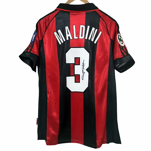 Sesongen 1998–1999 AC Milan-drakt nr. 3, signert av MALDINI – den perfekte gaven til fotballfans