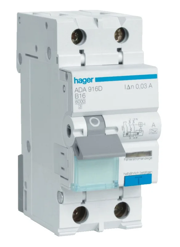 Hager ADA966G Personskyddsautomat 32 mA, typ A, C-karakteristik 16 A, Anslutningsdon & kablar