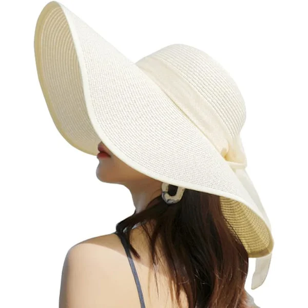Sommerhat til kvinder - Bredskygget stråhat - Foldbar stråhat - UPF 50+ Strandhat (Beige)