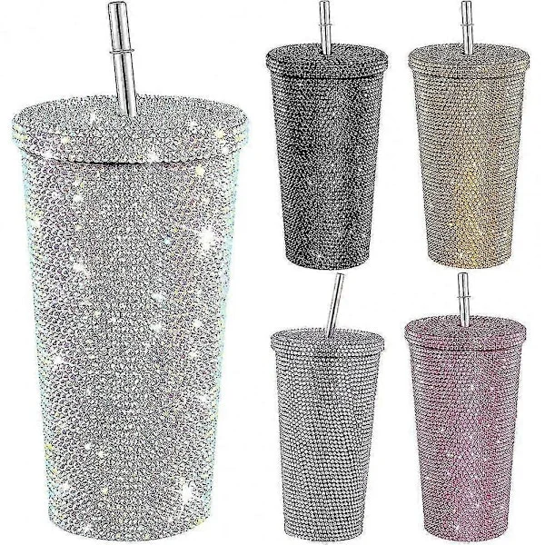 500ml Sugrörskopp med Lock Återanvändbar Strass Rostfritt Stål Dubbla Lager Termosmuggar Kvinnor Glitter Kopp Vattenflaska Gåva 2023(FMY)