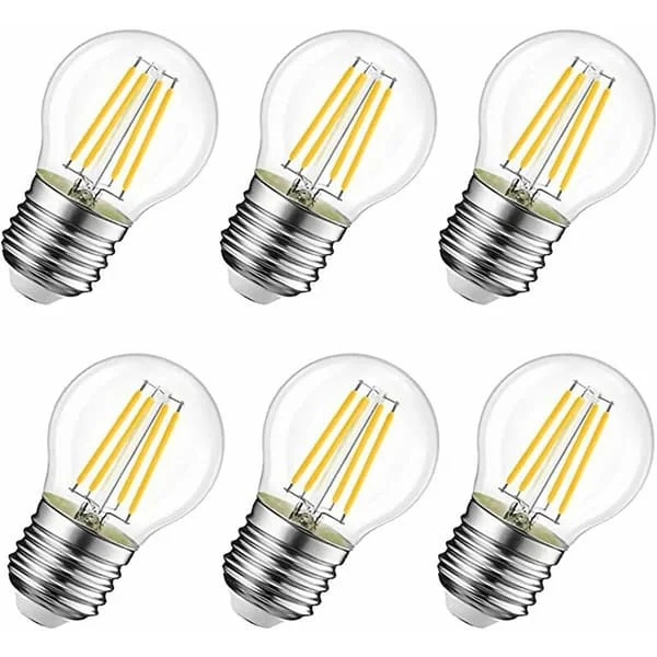 LED-filamenttilamppu E27 G45, 6W vastaa 60W vintage-halogeenilamppua, lämmin valkoinen 600Lm 2700K, ei himmennettävä, 6 kpl:n pakkaus.