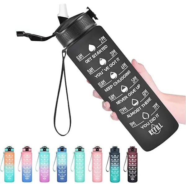 1L Motivational Water Bottle with Straw and Time Marker - BPA-Free, Leak-Proof, PC Material