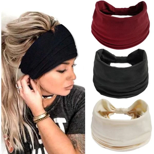 3-pack bohemiska knutna yoga-pannband i enfärgad elastisk stretchig utomhus håraccessoarer håraccessoarer för kvinnor flickor