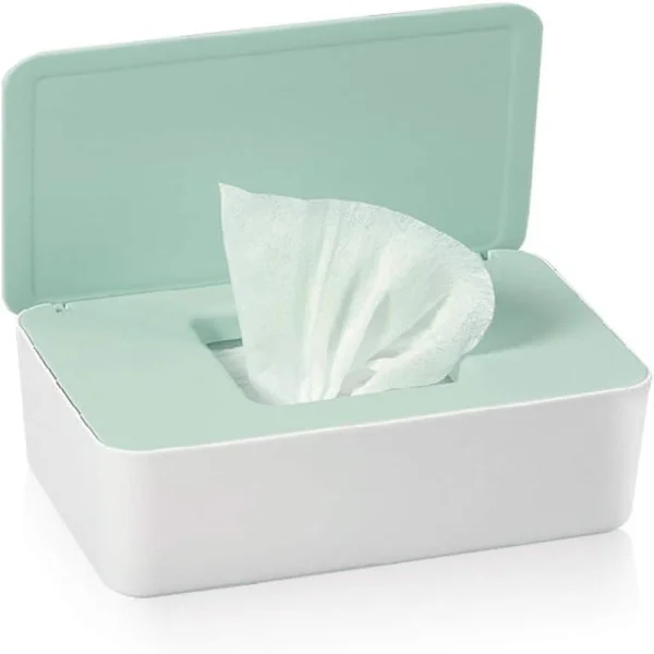 Baby Wipes Box Våtservetter Box med lock, kan placeras i vardagsrum, sovrum, kök, förvaring av papper, torr handduk, grön vit