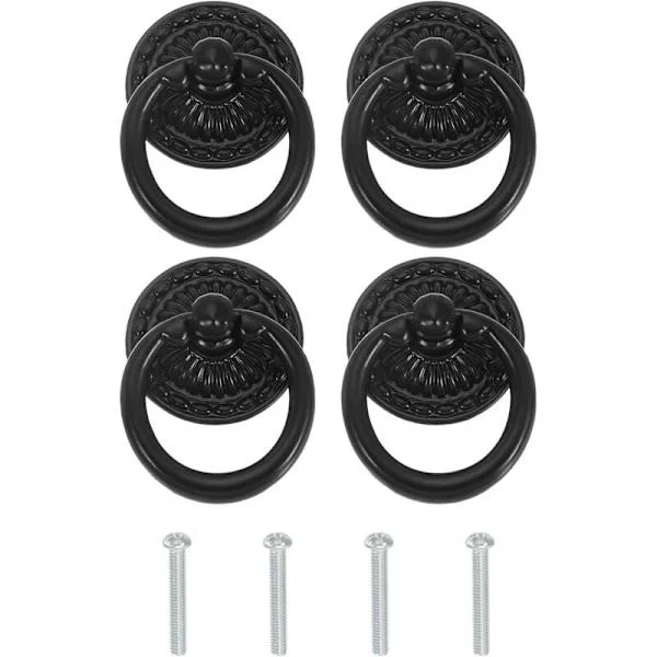 Enkelthulls trekkring (4,8 cm x 3,4 cm) – Sett med 4 skuffehåndtak med skruer – Egnet for skap, trekasser, garderober, kommoder Svart