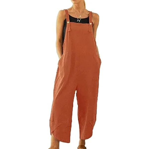 Dam Casual Lösa Långa Hängselbyxor Jumpsuits med Vida Ben Baggy Bomullsbyxor Overall med Fickor PZG
