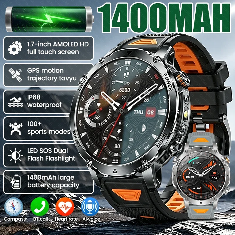 AliExpress - Neue Outdoor-Militär-Smartwatch mit 1400mAh Akku für Herren, GPS-Tracking, SOS-Funktion, Taschenlampe, IP68 Wasserdicht, Bluetooth-Anrufe