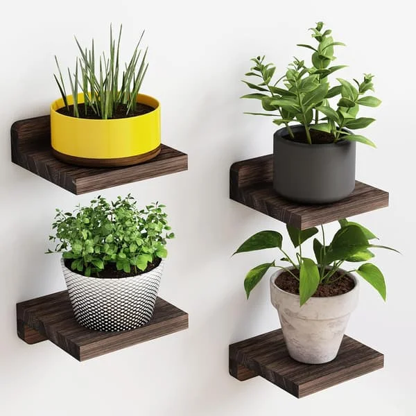 Small Floating Wall Shelves 4-Pack 13 × 13 cm – Rustic Wood Shelves for Bedroom, Living Room, Kitchen, and Bathroom Brown