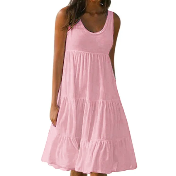 Sommerkjole dame løs pasform flæse mini strand afslappet ferie Rosa Pink L