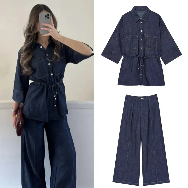 AliExpress - ETJ 2025, Damen-Jeanshemd aus gemischtem Stoff, Taillen-Kordelzug und minimalistisches, vielseitiges Freizeithosen-Set mit weitem Bein 