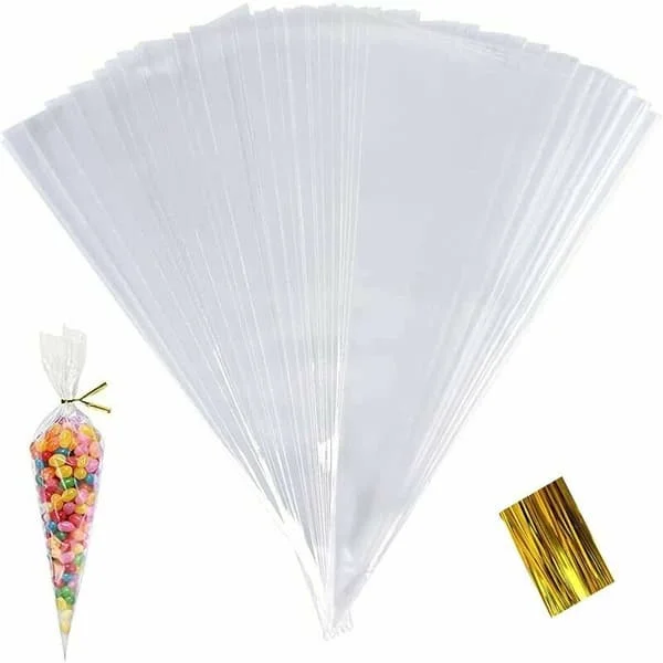100 st transparenta godispåsar cellofanpåsar kottar godispåsar med guldband för julbröllopsfest godisfest bröllop liten present 25x13cm