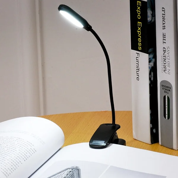 Læselampe, LED-læselampe, genopladelig klem-lampe, boglampe, lysstyrke, farver, læselampe til læsning i sengen, rejser