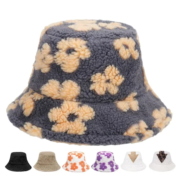 Vinter Bucket Hat - Kvinder Fluffy Fisker Hat Varm Pil Lamb Wool Bucket Hat Fuzzy Pels Pels Plys Soft Tykk Bred Skygge Plys Hat til Kvinder Piger