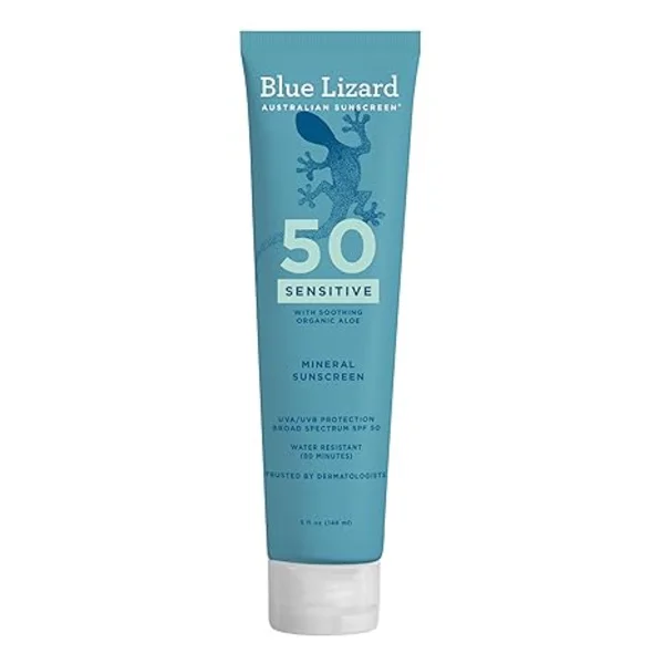 Blue Lizard Sensitive Mineral Sunscreen SPF 50+, sinkkioksidi UVA/UVB-suoja, vedenkestävä, hajusteeton herkälle iholle, 148 ml