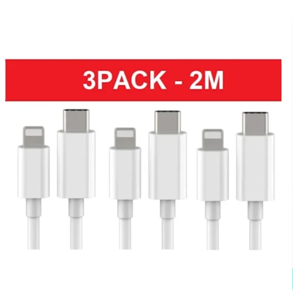 3-pack 2 m Lightning till USB-C-laddningskablar för iPhone – snabbladdning och dataöverföring, vit
