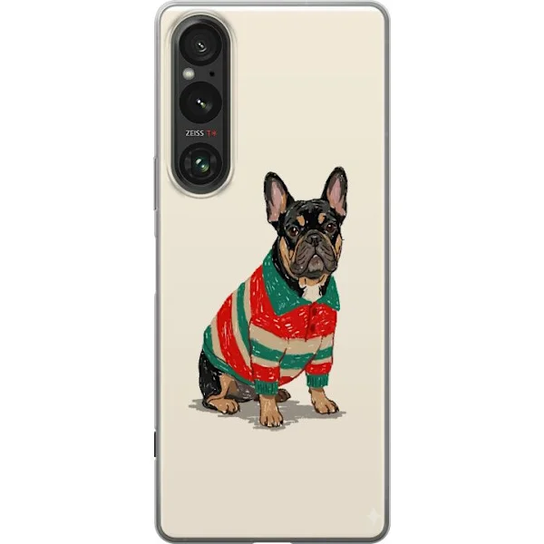 Kompatibelt Mobildeksel til Sony Xperia 1 V Søt bulldog i rød og grønn stripete genser med tegneseriestil og sjarmerende hundemotiv