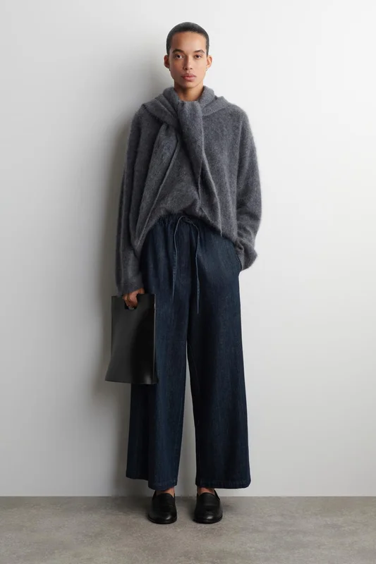 COS Women's Cropped Denim Wide Leg Trousers in Blue