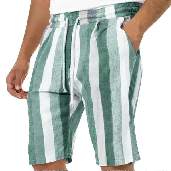 Herr Casual Bomull Linne Shorts, Sommar Färgblock Randiga Dragsko Midja Shorts