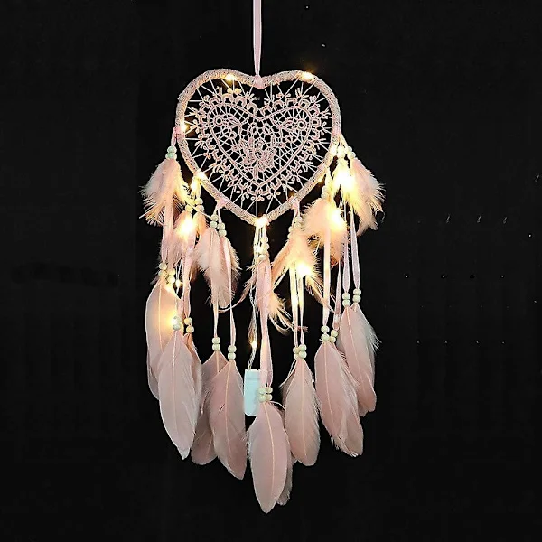 Drømmefanger (20*45cm lyserød, lys), Boho-stil LED-lampe håndlavet til bil soveværelsesdekoration, romantisk væghængende drømmefanger