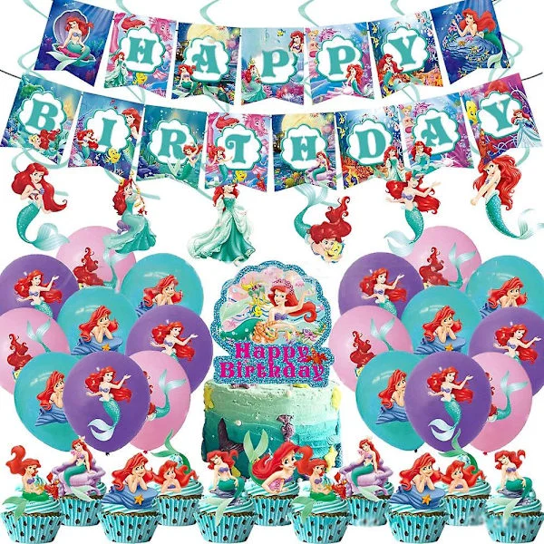 Prinsessan Ariel Tema Födelsedagsfest Dekoration, Sjöjungfru Festtillbehör Set Inkluderar Grattis på födelsedagen Banner, Tårta/Muffins Topper, 