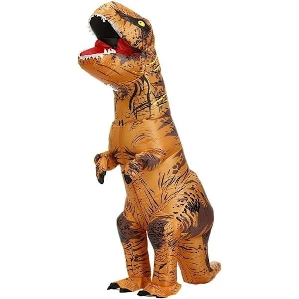 Oppustelig T-Rex Dinosaurkostume til voksne og børn, Halloween Fancy Kjole Brun Tyrannosaurus Dragt med blæser, One Size Fits All-FQ-