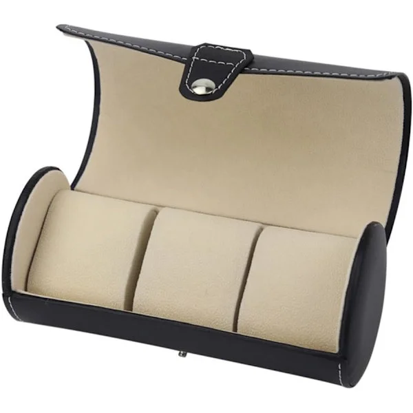 PU Leather Watch Roll Case, 3-Slot Storage Organizer for Watches or Bracelets, Black