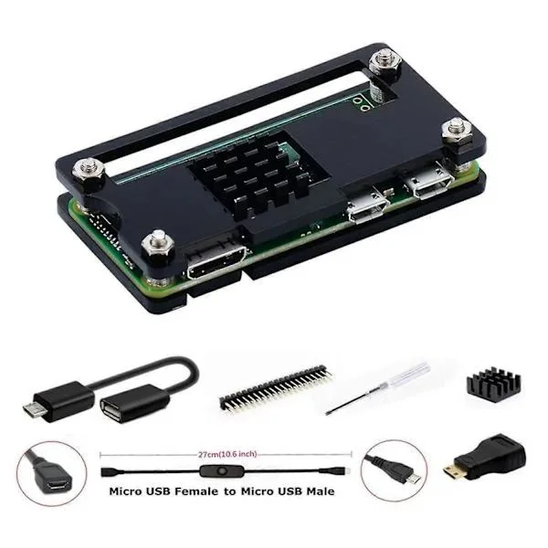 Raspberry Pi Zero 2 W/Zero W Fodral, 7-i-1 Startpaket med Akrylfodral, GPIO-Header, OTG-Kabel, HDMI-Adapter