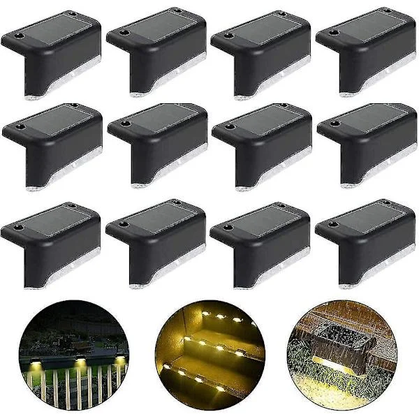 Vandtæt solcelle hegn lys, solcelle dæk lys, trappe lys, Ip65 LED solcelle have lys til terrasse trappe hegn (varmt lys-sort, 12 stk)