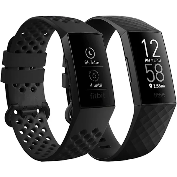 Ersättningsarmband kompatibelt med Fitbit Charge 3/Fitbit Charge 4 armband för kvinnor och män, flytande silikon sportarmband 2-pack (svart, L)