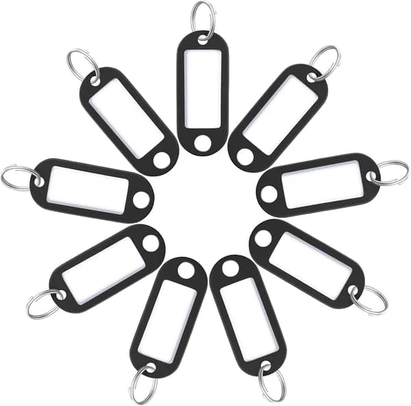 20 st nyckelbrickor 5 cm mjuka nyckelringar i plast med tomma pappersetiketter, transparenta fönsterskyddsfilmer och delade ringar, flexibla svarta