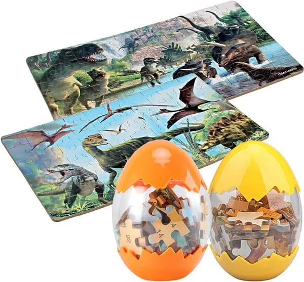 2 stycken 60-bitars trä dinosaurieägg set pusselbräda dinosaurie pussel, lämplig för barn från 3 år och uppåt, ger presenter till pojkar och flickor
