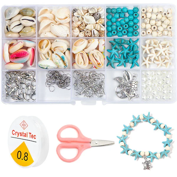 Pärlset med snäckor, armband gör ditt eget set, smyckestillverkningsset, pärlset, med 0,8 mm elastisk tråd, för DIY-armband, halsband