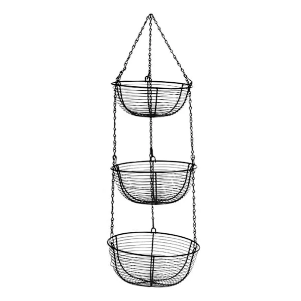 3-Tier Hanging Basket Fruit Organizer Heavy Duty Metal Kitchen Organizer with Metal Ceiling Hooks - Black Metal Basket