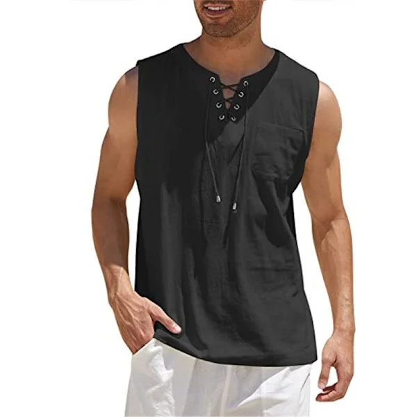 Men's Cotton Linen Tank Top, Casual Sleeveless Lace-up Tank Tops Black