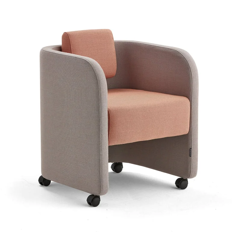 Armchair COMFY, with wheels, wool fabric, silver grey/salmon pink