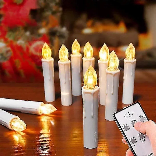 Trådlösa och flamlösa ljus, 10-pack trådlösa LED-julgransljus, julgransljus med fjärrkontroll och avtagbara band, LED-kronljus