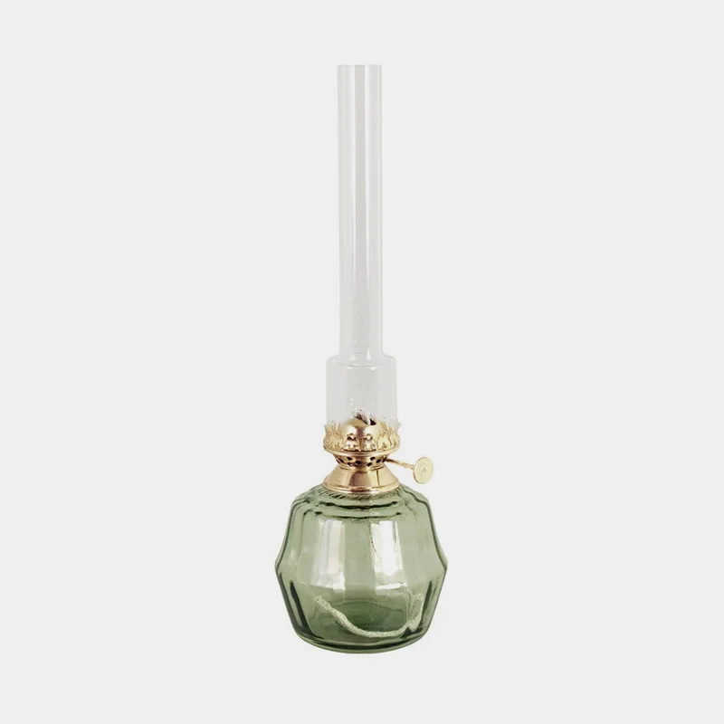 Fotogenlampa / oljelampa Strömshaga Britta Stor, grönt glas, brännare i mässing, Ø100 mm x 325 mm