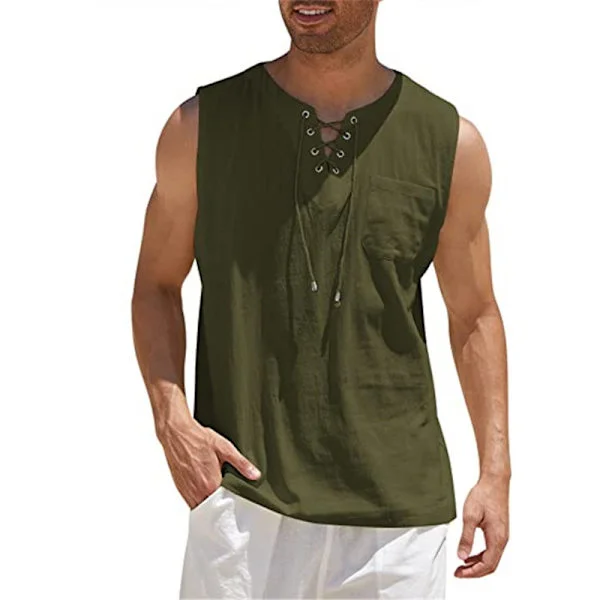 Men's Cotton Linen Tank Top, Casual Sleeveless Lace-up Tank Tops Army Green